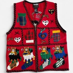 Vintage Designers Originals Red Embroidered Christmas Teddy Bears Sweater Vest